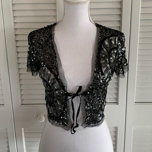Zara Woman Tulle All Over Sequin Velvet Tie Front Bolero Top Black Silver Size M